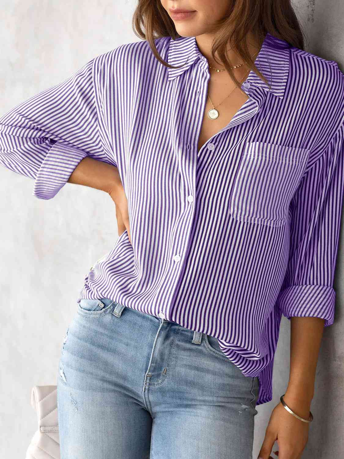 Striped Collared Neck Shirt with Pocket BLUE ZONE PLANET