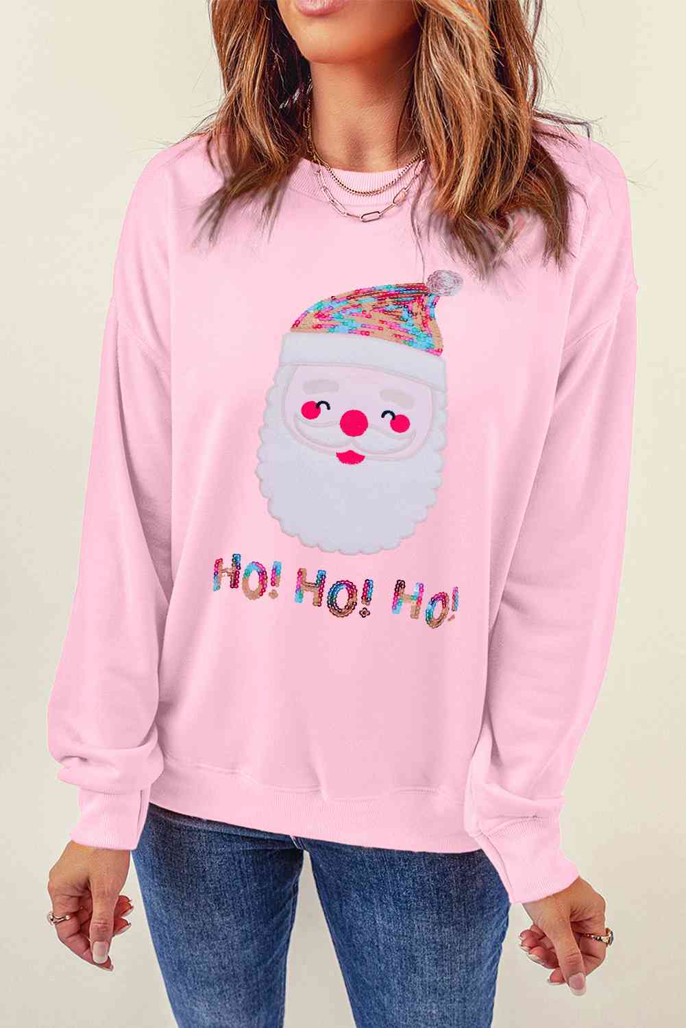 Sequin Santa Graphic Round Neck Sweatshirt BLUE ZONE PLANET