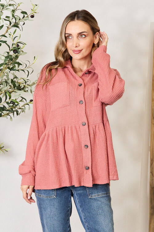 Heimish Full Size Waffle-Knit Button Down Blouse BLUE ZONE PLANET
