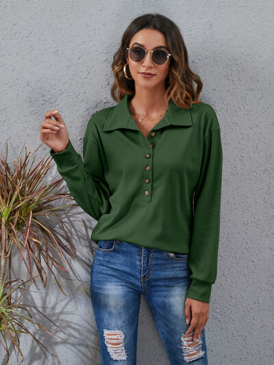 Half Button Dropped Shoulder Blouse Trendsi