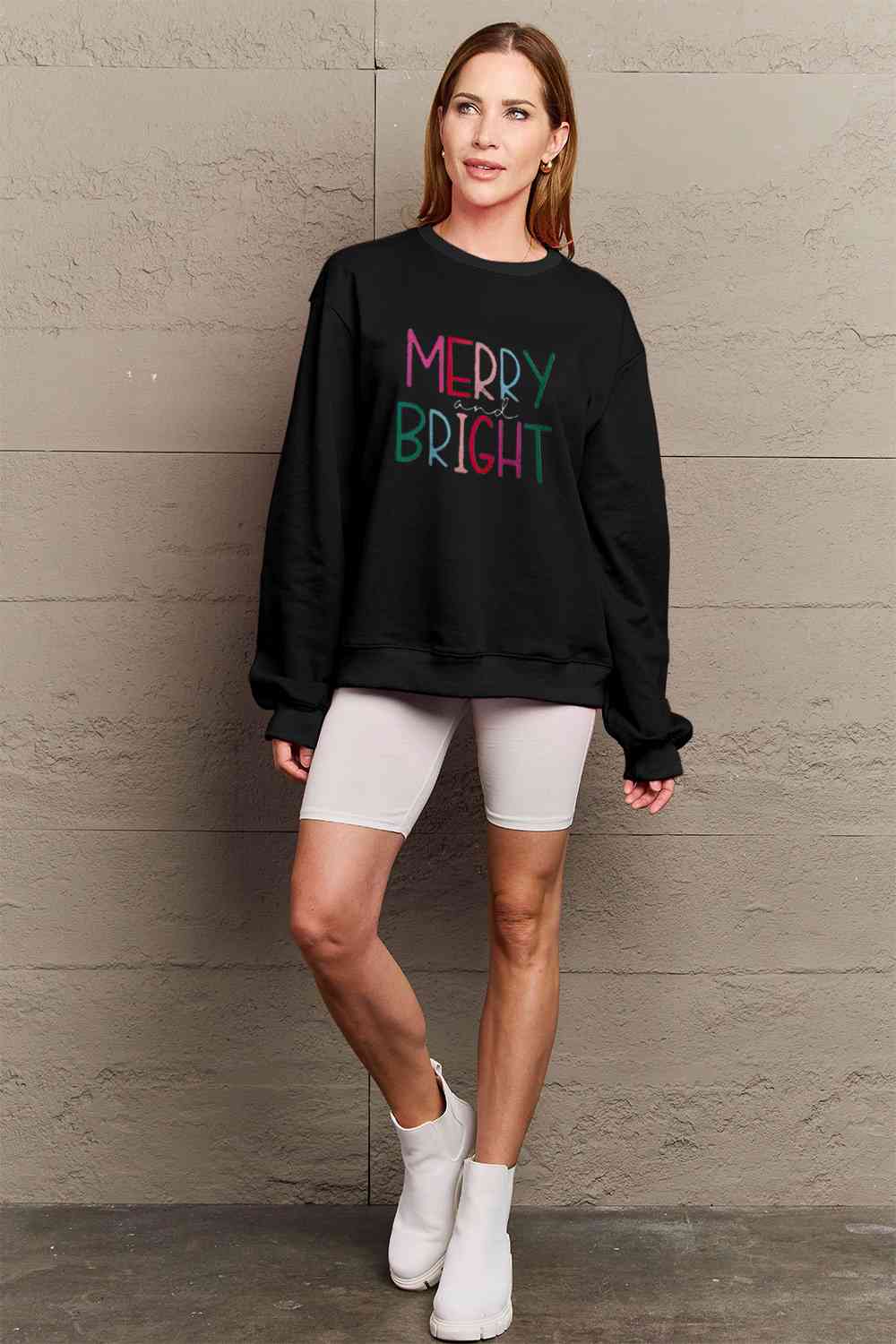 Simply Love Full Size MERRY AND BRIGHT Graphic Sweatshirt BLUE ZONE PLANET