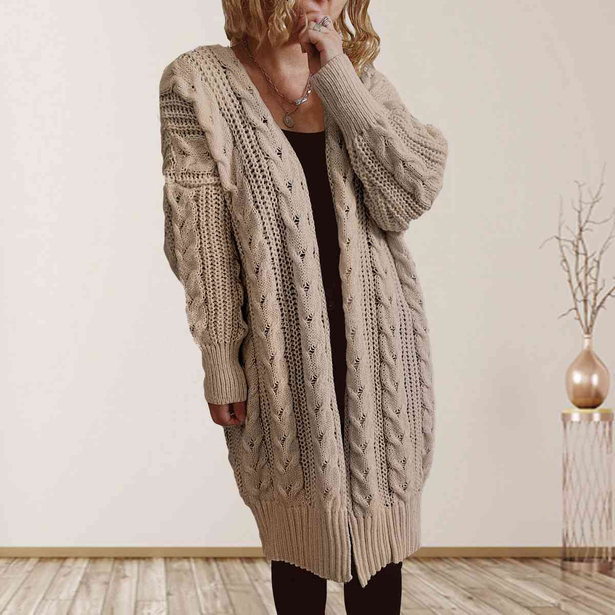 Cable-Knit Open Front Dropped Shoulder Cardigan BLUE ZONE PLANET