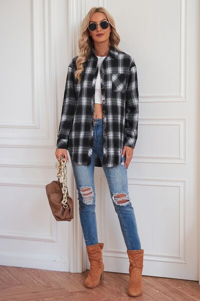 Plaid Button Up Dropped Shoulder Outerwear BLUE ZONE PLANET