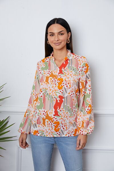 Floral Frill Notched Long Sleeve Blouse Trendsi