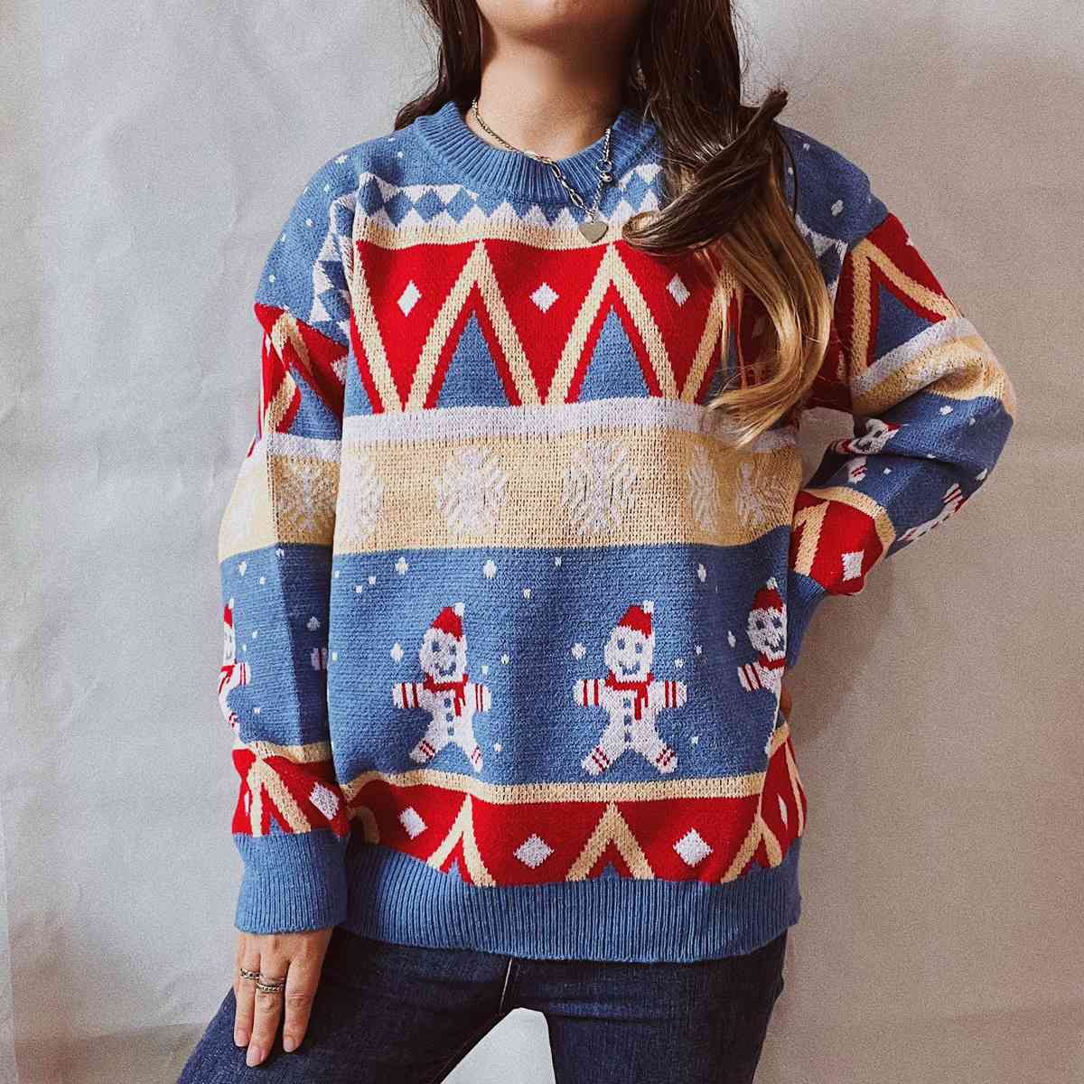 Printed Round Neck Long Sleeve Sweater BLUE ZONE PLANET