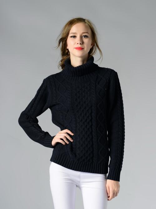 Cable-Knit Turtleneck Long Sleeve Sweater BLUE ZONE PLANET