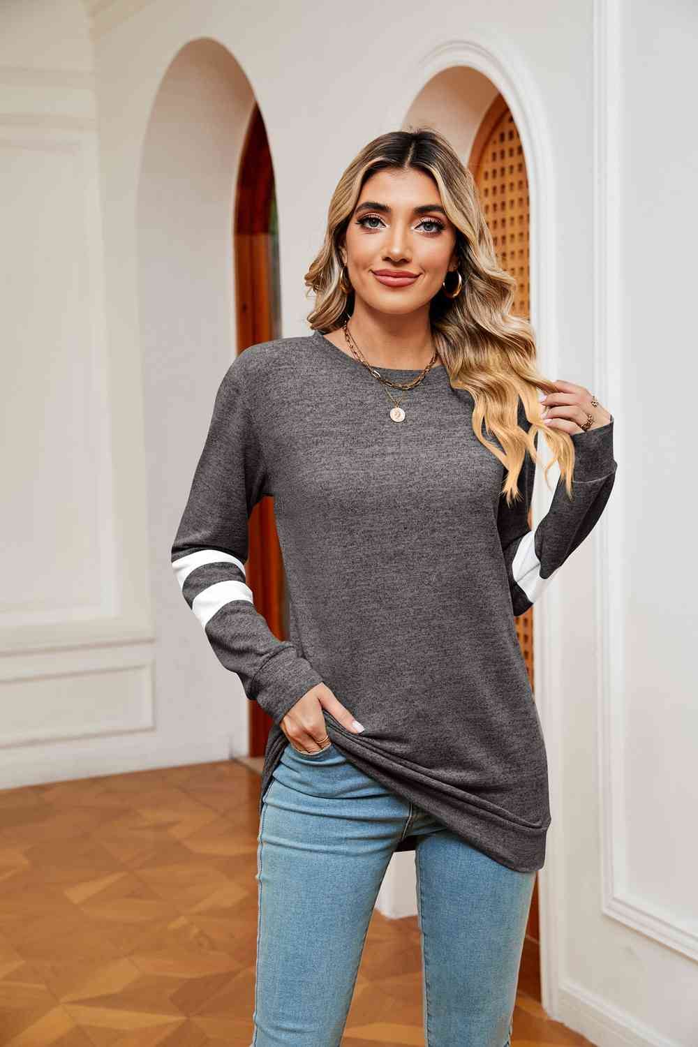 Round Neck Long Sleeve Top BLUE ZONE PLANET