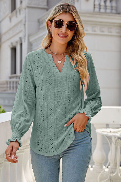 Eyelet Notched Lantern Sleeve T-Shirt Trendsi