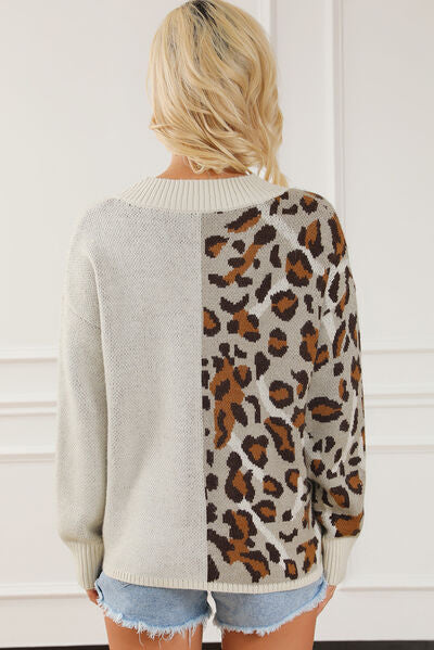 Leopard V-Neck Dropped Shoulder Sweater-TOPS / DRESSES-[Adult]-[Female]-2022 Online Blue Zone Planet