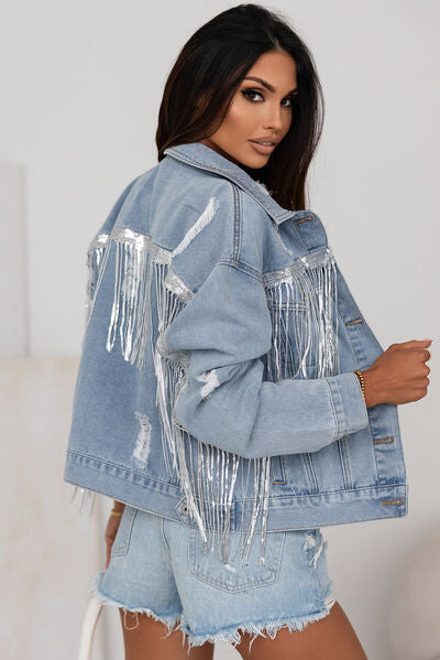 Sequin Fringe Trim Distressed Button Up Denim Jacket BLUE ZONE PLANET