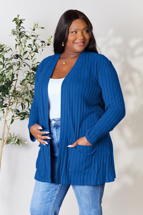 Basic Bae Full Size Ribbed Open Front Cardigan with Pockets BLUE ZONE PLANET