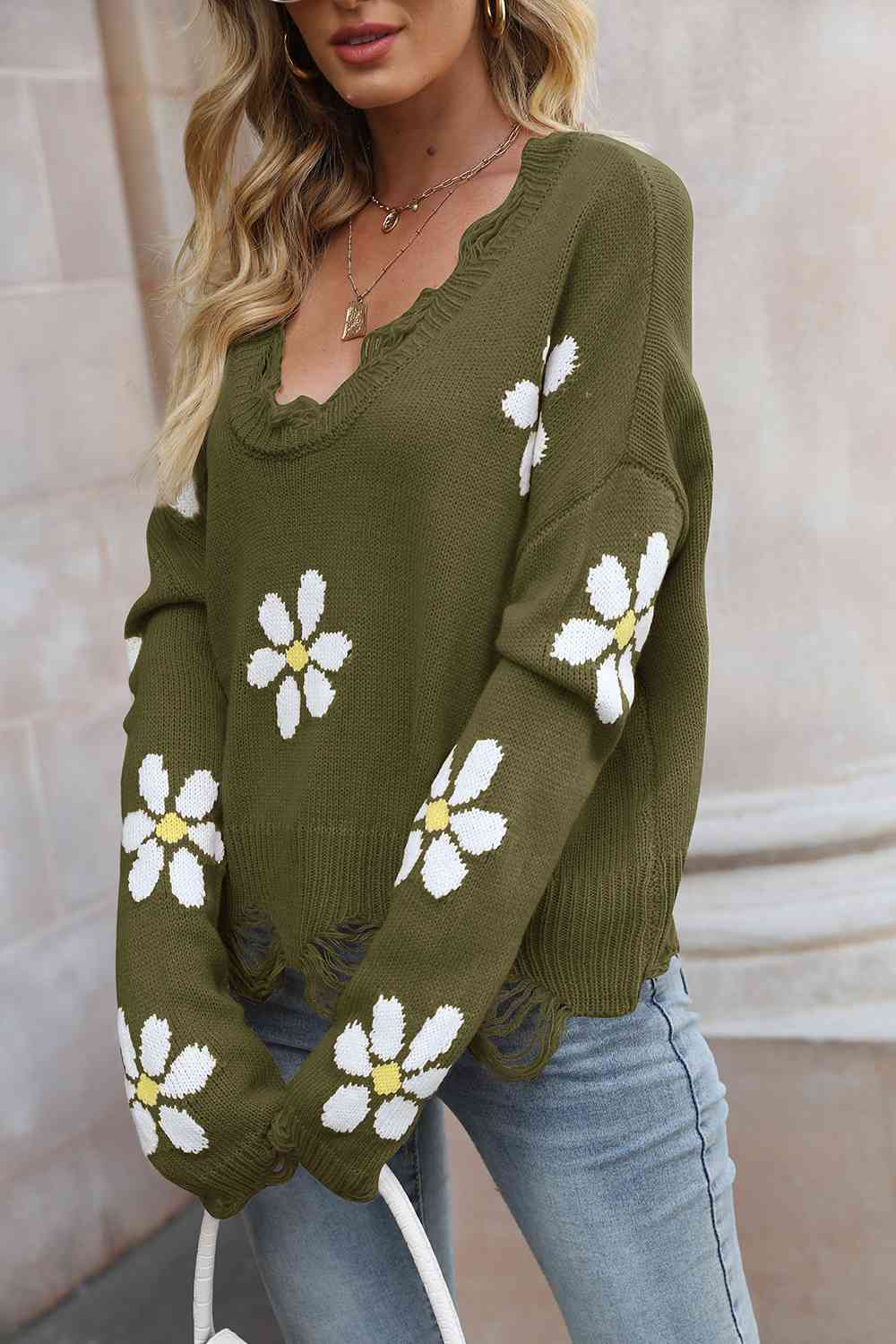 Flower Distressed Long Sleeve Sweater BLUE ZONE PLANET