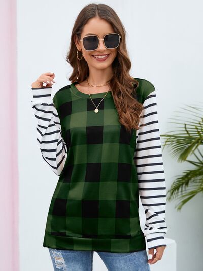 Plaid Striped Round Neck Long Sleeve T-Shirt-TOPS / DRESSES-[Adult]-[Female]-2022 Online Blue Zone Planet