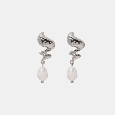 Twisted Stainless Steel Pearl Drop Earrings-EARRINGS-[Adult]-[Female]-Silver-One Size-2022 Online Blue Zone Planet