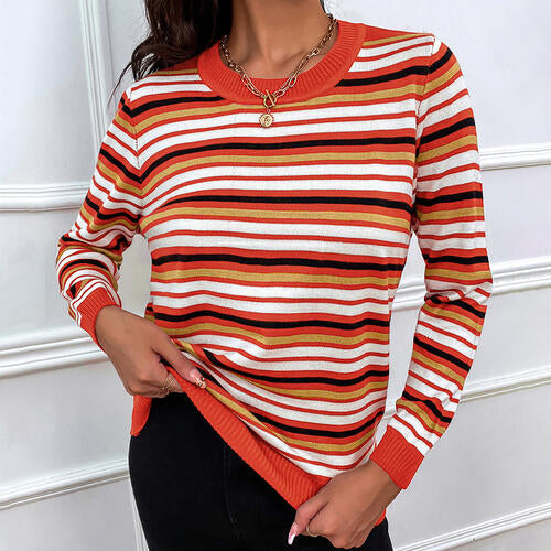 Striped Round Neck Long Sleeve Sweater BLUE ZONE PLANET