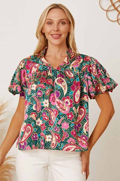 Floral Collared Neck Short Sleeve Blouse Trendsi