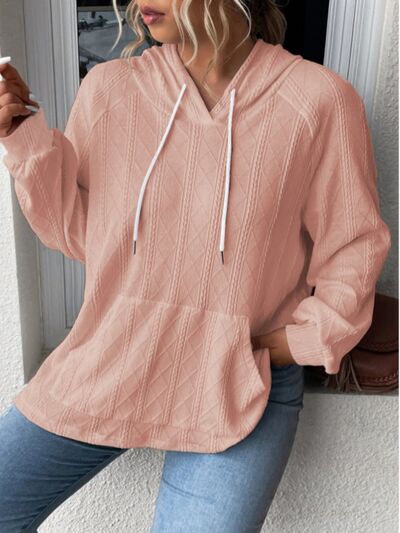 Textured Drawstring Kangaroo Pocket Hoodie Trendsi