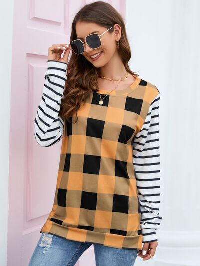 Plaid Striped Round Neck Long Sleeve T-Shirt-TOPS / DRESSES-[Adult]-[Female]-2022 Online Blue Zone Planet