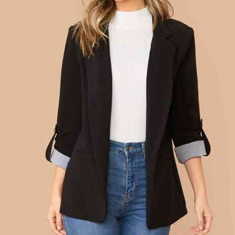 Lapel Collar Roll-Tab Sleeve Blazer BLUE ZONE PLANET