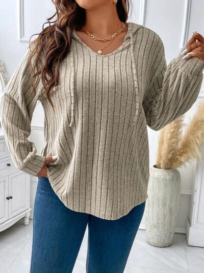 Plus Size Drawstring Dropped Shoulder Hooded T-Shirt-TOPS / DRESSES-[Adult]-[Female]-Khaki-1XL-2022 Online Blue Zone Planet