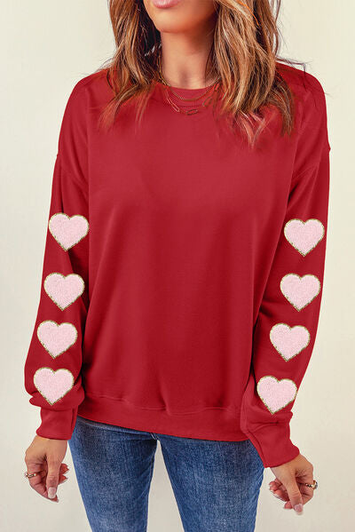 Heart Round Neck Dropped Shoulder Sweatshirt-TOPS / DRESSES-[Adult]-[Female]-2022 Online Blue Zone Planet