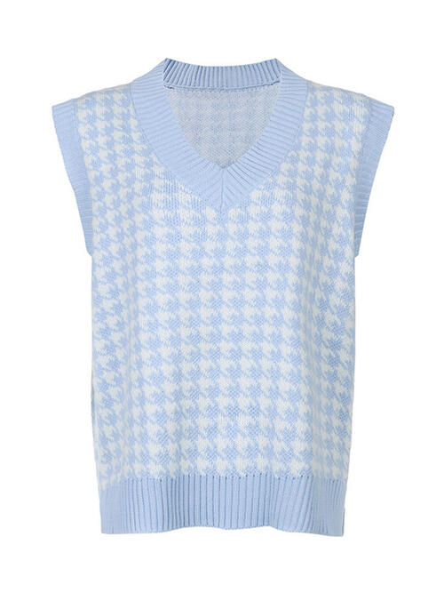 Houndstooth V-Neck Sweater Vet BLUE ZONE PLANET