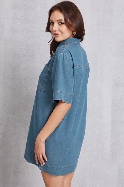 Pocketed Collared Neck Mini Denim Dress-TOPS / DRESSES-[Adult]-[Female]-2022 Online Blue Zone Planet