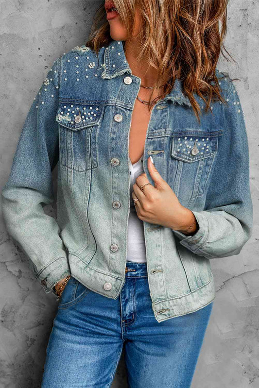 Pearl Detail Distressed Button Up Denim Jacket BLUE ZONE PLANET