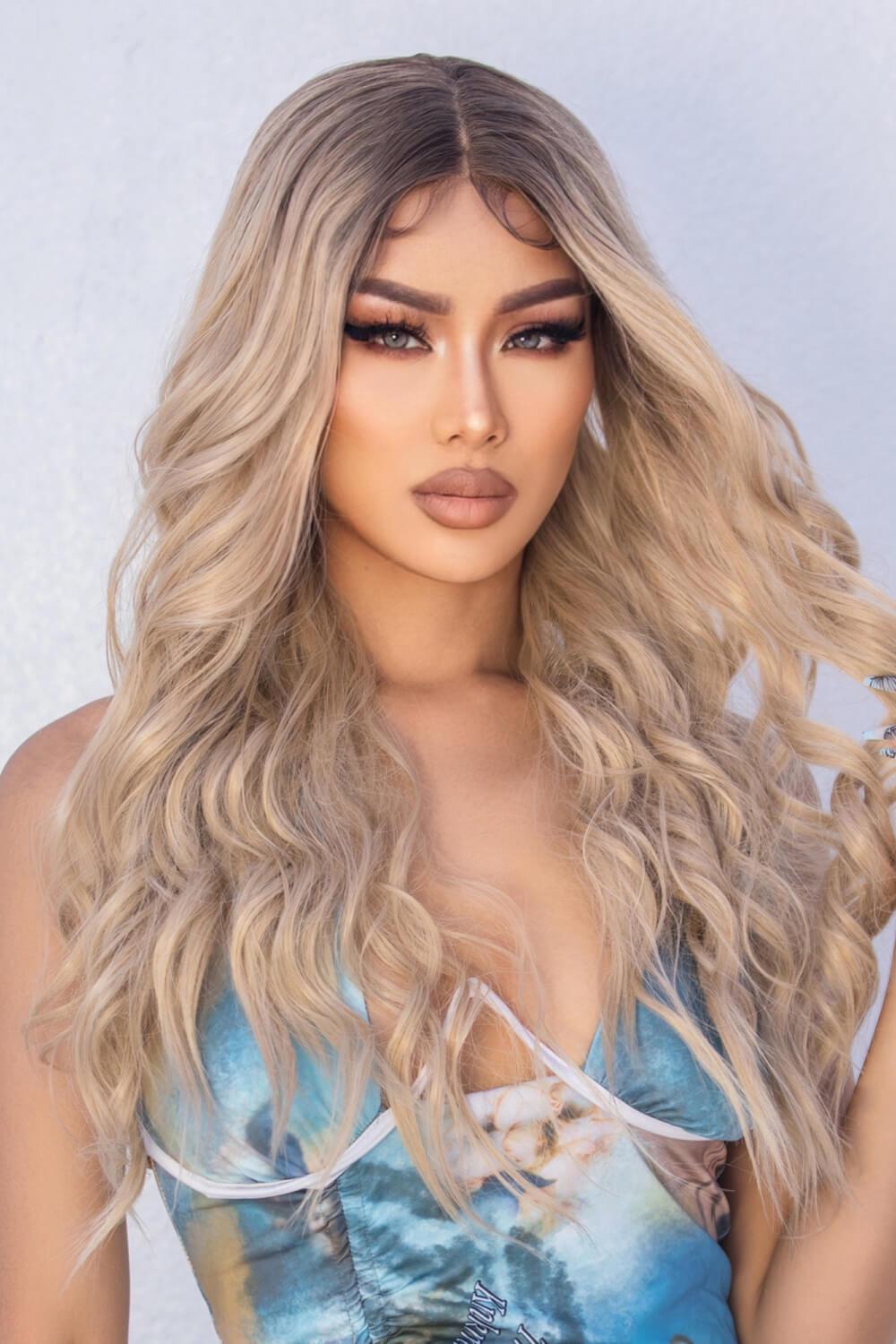 13*2" Wave Lace Front Synthetic Wigs in Gold 26" Long 150% Density BLUE ZONE PLANET