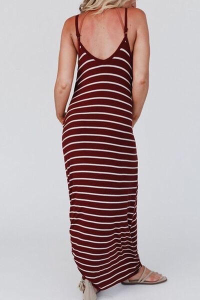 Pocketed Striped Scoop Neck Maxi Cami Dress BLUE ZONE PLANET