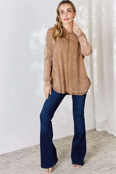 Zenana Oversized Washed Waffle Long Sleeve Top-TOPS / DRESSES-[Adult]-[Female]-2022 Online Blue Zone Planet