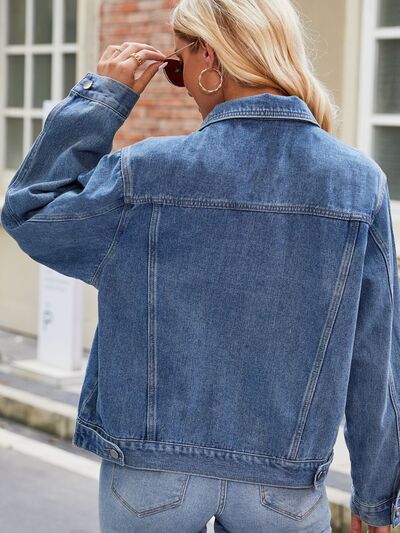 Pocketed Collared Neck Denim Jacket BLUE ZONE PLANET