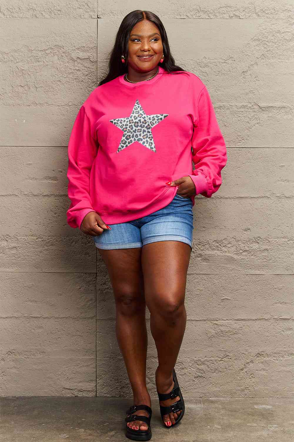 Simply Love Full Size Leopard Star Graphic Sweatshirt BLUE ZONE PLANET