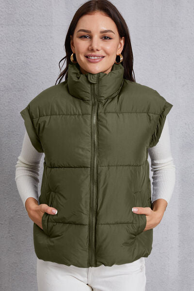 Zip Up Turtleneck Pocketed Vest Coat-TOPS / DRESSES-[Adult]-[Female]-Army Green-S-2022 Online Blue Zone Planet