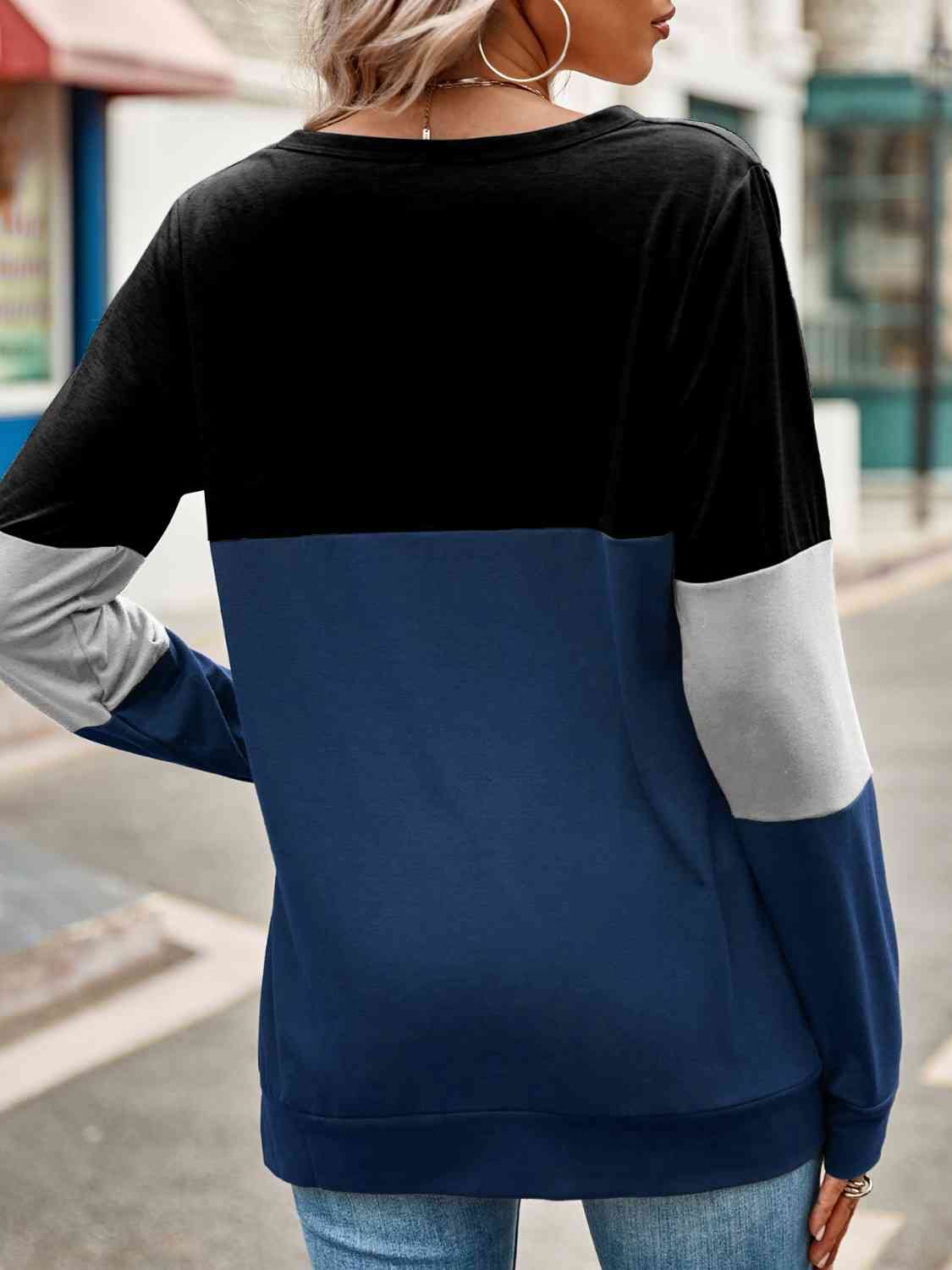 Color Block Cutout Round Neck Long Sleeve T-Shirt BLUE ZONE PLANET