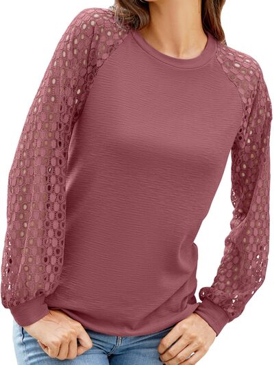 Full Size Eyelet Round Neck Long Sleeve T-Shirt Trendsi