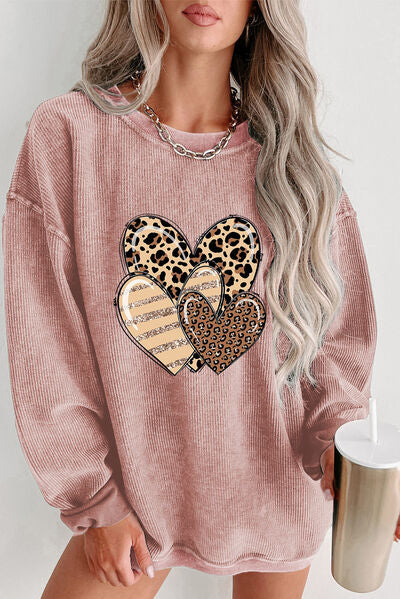 Heart Ribbed Round Neck Sweatshirt BLUE ZONE PLANET