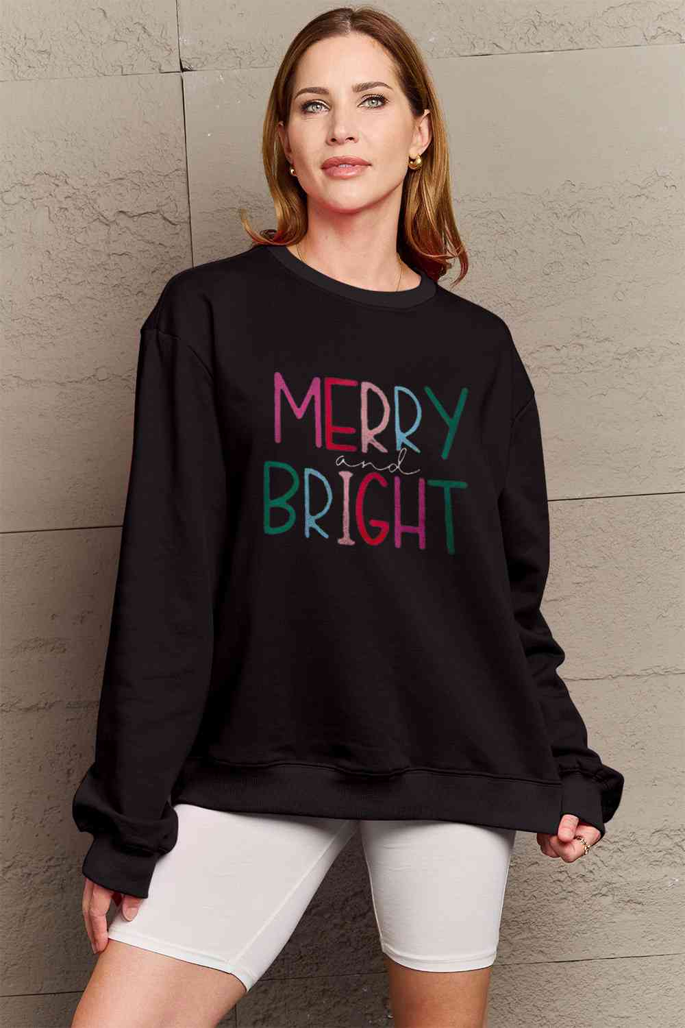 Simply Love Full Size MERRY AND BRIGHT Graphic Sweatshirt BLUE ZONE PLANET