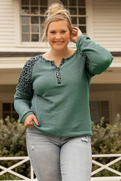 Blue Zone Planet |  Plus Size Leopard Waffle-Knit Long Sleeve T-Shirt BLUE ZONE PLANET