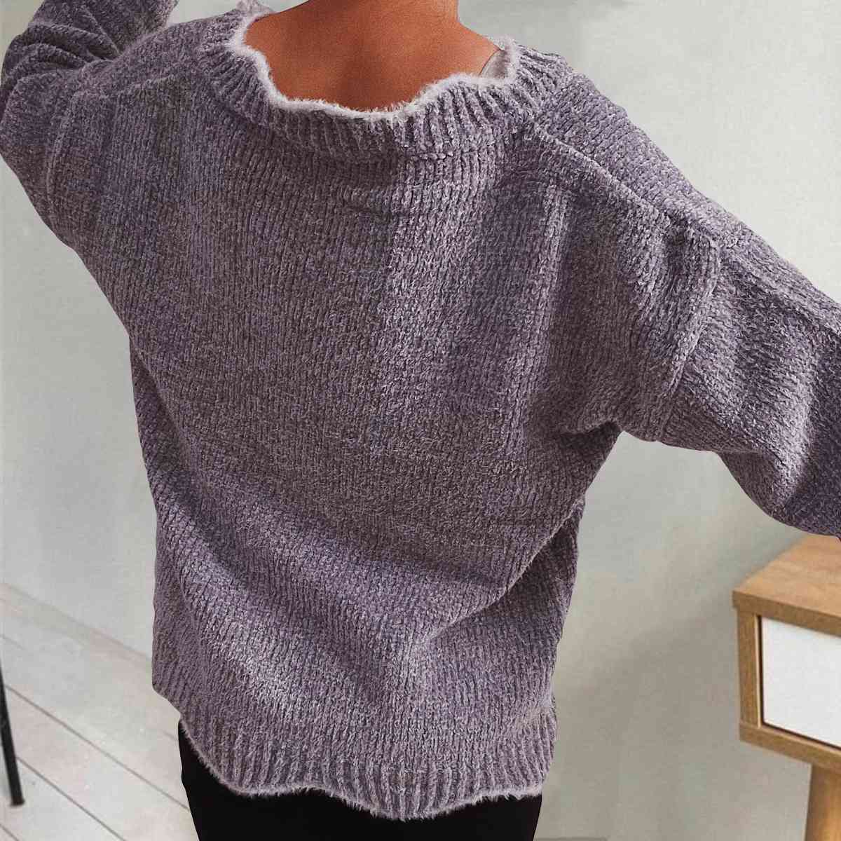 V-Neck Drop Shoulder Long Sleeve Sweater BLUE ZONE PLANET