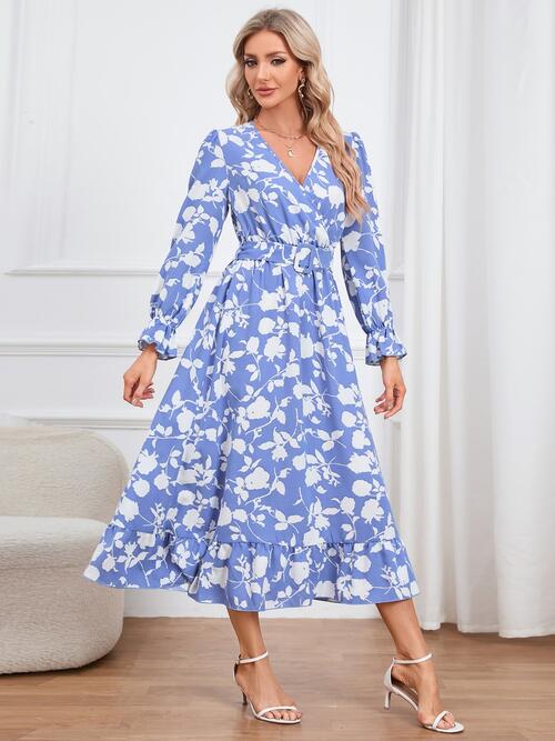 Floral Surplice Flounce Sleeve Ruffle Hem Dress BLUE ZONE PLANET