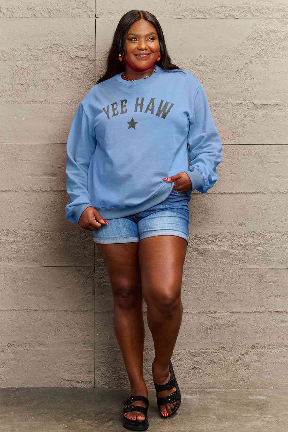 Simply Love Full Size YEEHAW Graphic Round Neck Sweatshirt BLUE ZONE PLANET