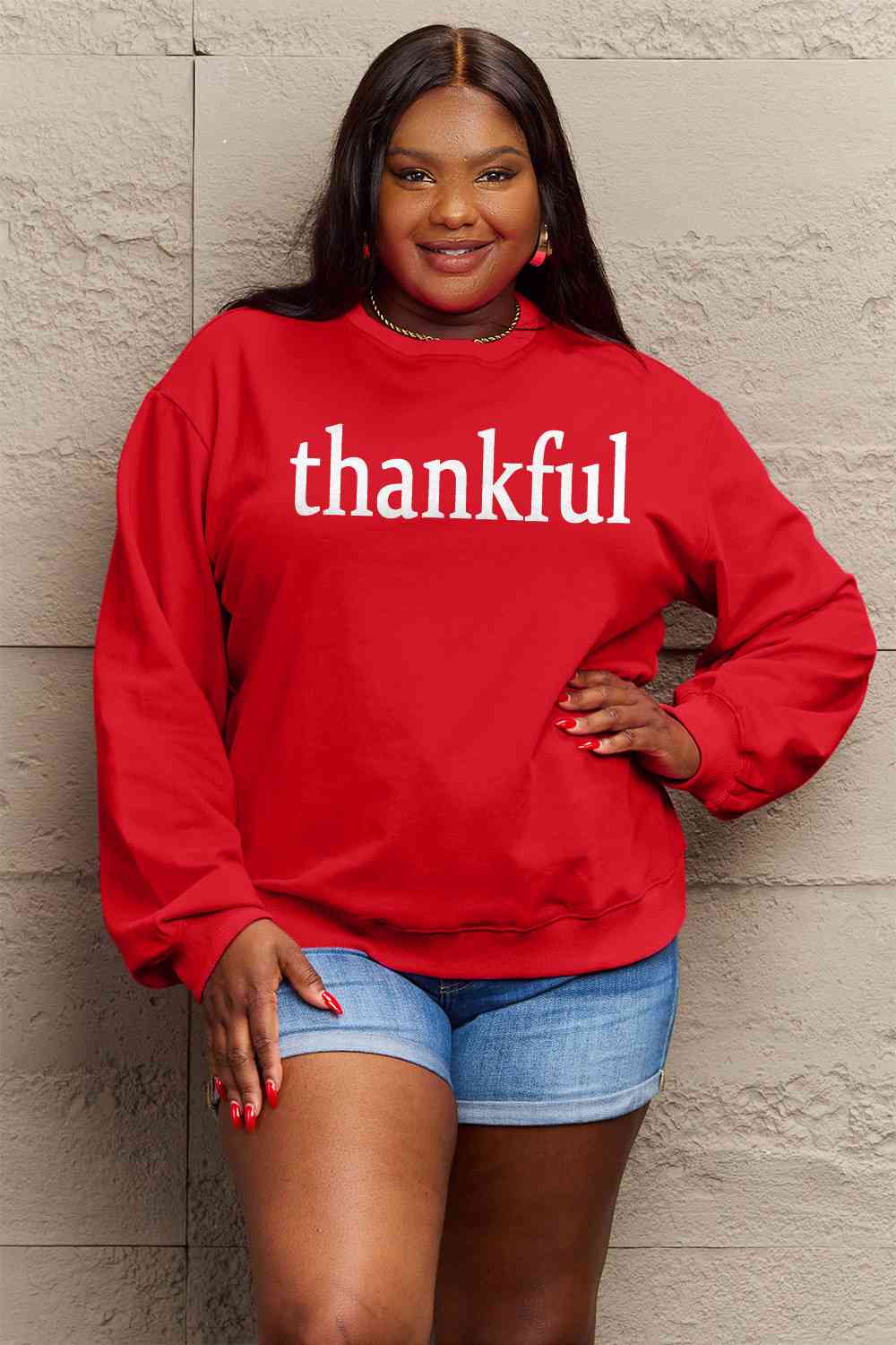 Simply Love Full Size THANKFUL Graphic Sweatshirt BLUE ZONE PLANET