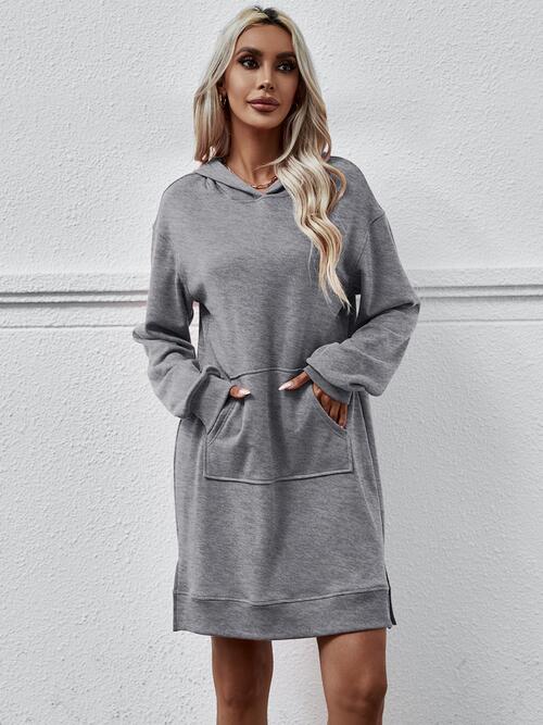 Slit Long Sleeve Hooded Dress with Pocket BLUE ZONE PLANET