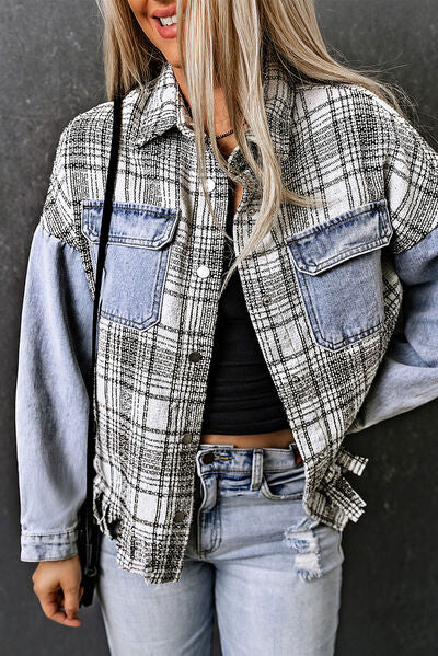 Plaid Pocketed Snap Down Denim Jacket BLUE ZONE PLANET