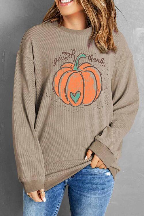 Pumpkin Graphic Round Neck Long Sleeve Sweatshirt BLUE ZONE PLANET