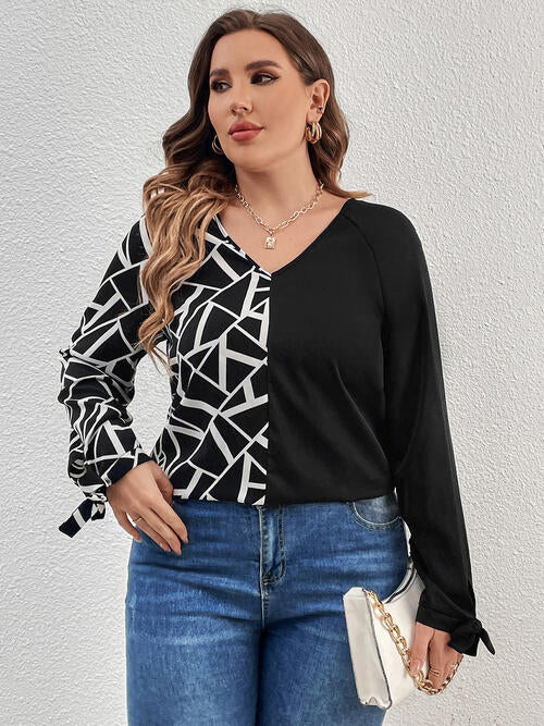 Plus Size Geometric V-Neck Long Sleeve T-Shirt BLUE ZONE PLANET