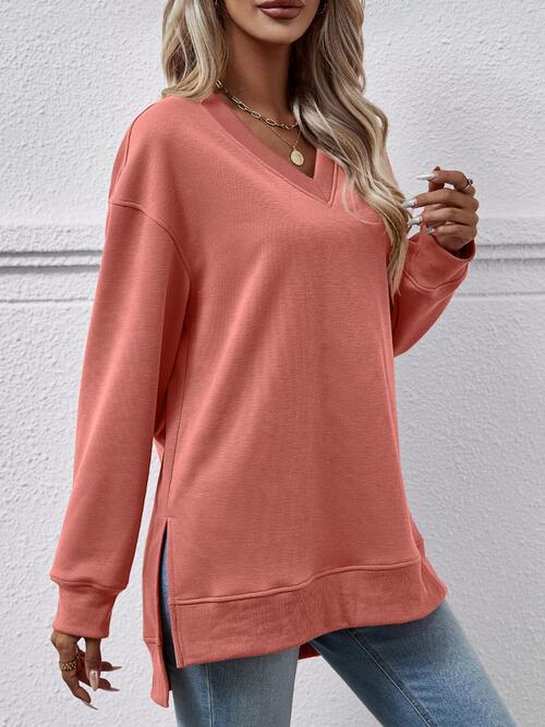 V-Neck Slit Long Sleeve Sweatshirt BLUE ZONE PLANET