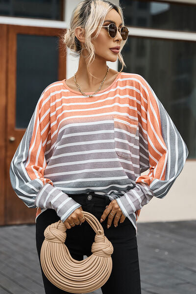 Blue Zone Planet |  Pocketed Striped Round Neck Batwing Sleeve T-Shirt BLUE ZONE PLANET