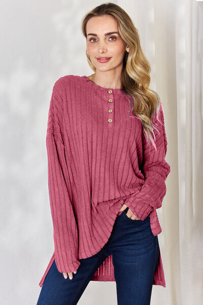 Basic Bae Full Size Ribbed Half Button Long Sleeve High-Low T-Shirt-TOPS / DRESSES-[Adult]-[Female]-Hot Pink-S-2022 Online Blue Zone Planet